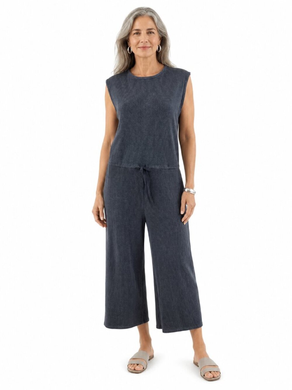 Eileen Fisher Tencel Rib Cropped Knit Jumpsuit Blue Sleeveless Size M